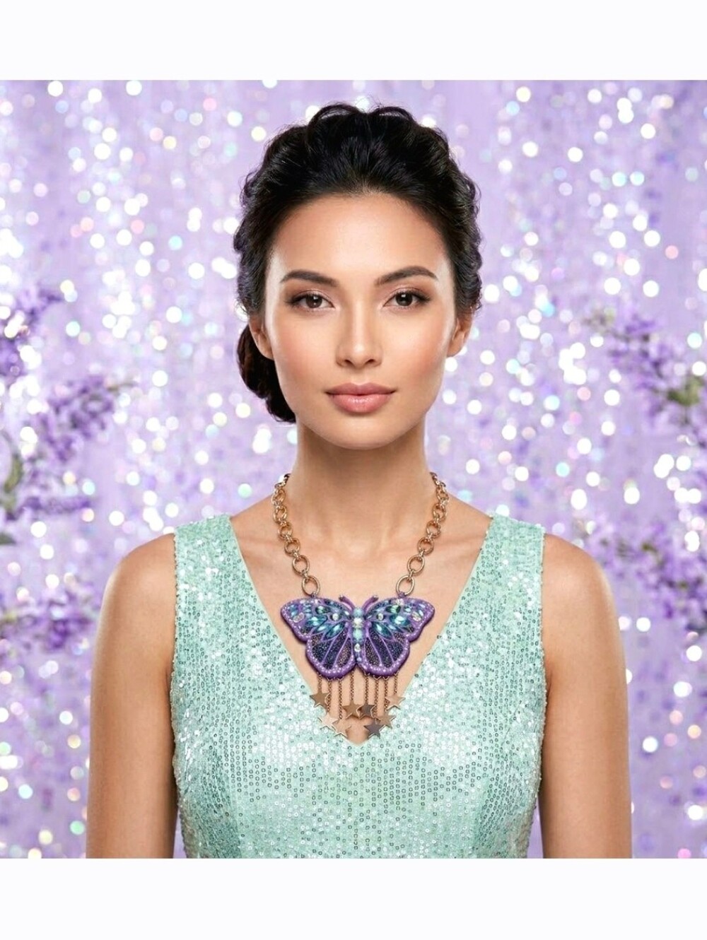 Silver Chain Purple Multicolor Crystal Purple Butterfly Star Necklace - Picture 2 of 14